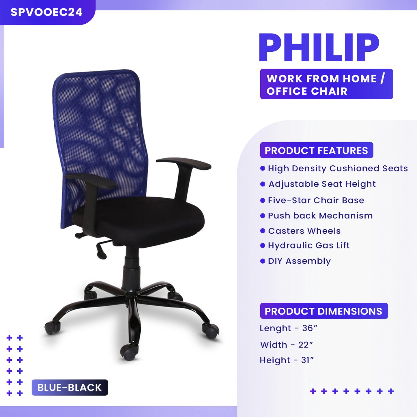 Philip - Medium Back Ergonomic Chair for Work from Home & Office - Blue & Black