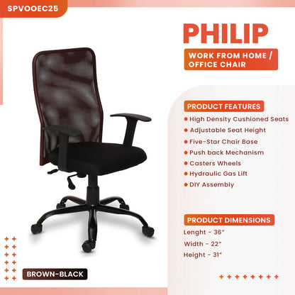 Philip - Medium Back Ergonomic Chair for Work from Home & Office - Brown & Black