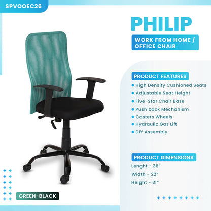 Philip - Medium Back Ergonomic Chair for Work from Home & Office - Green & Black