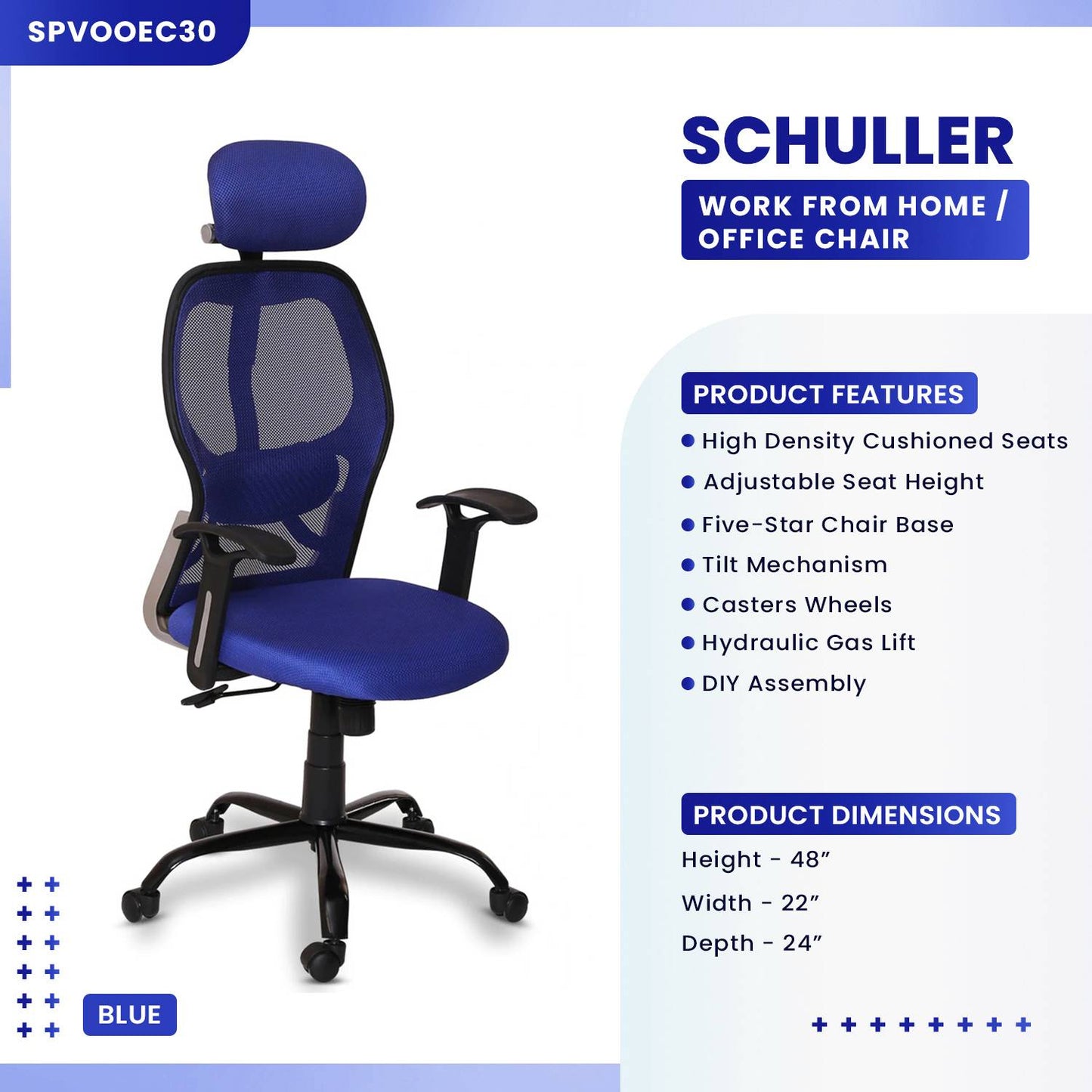 Schuller High Back Ergonomic Chair For Work From Home & Office - Blue