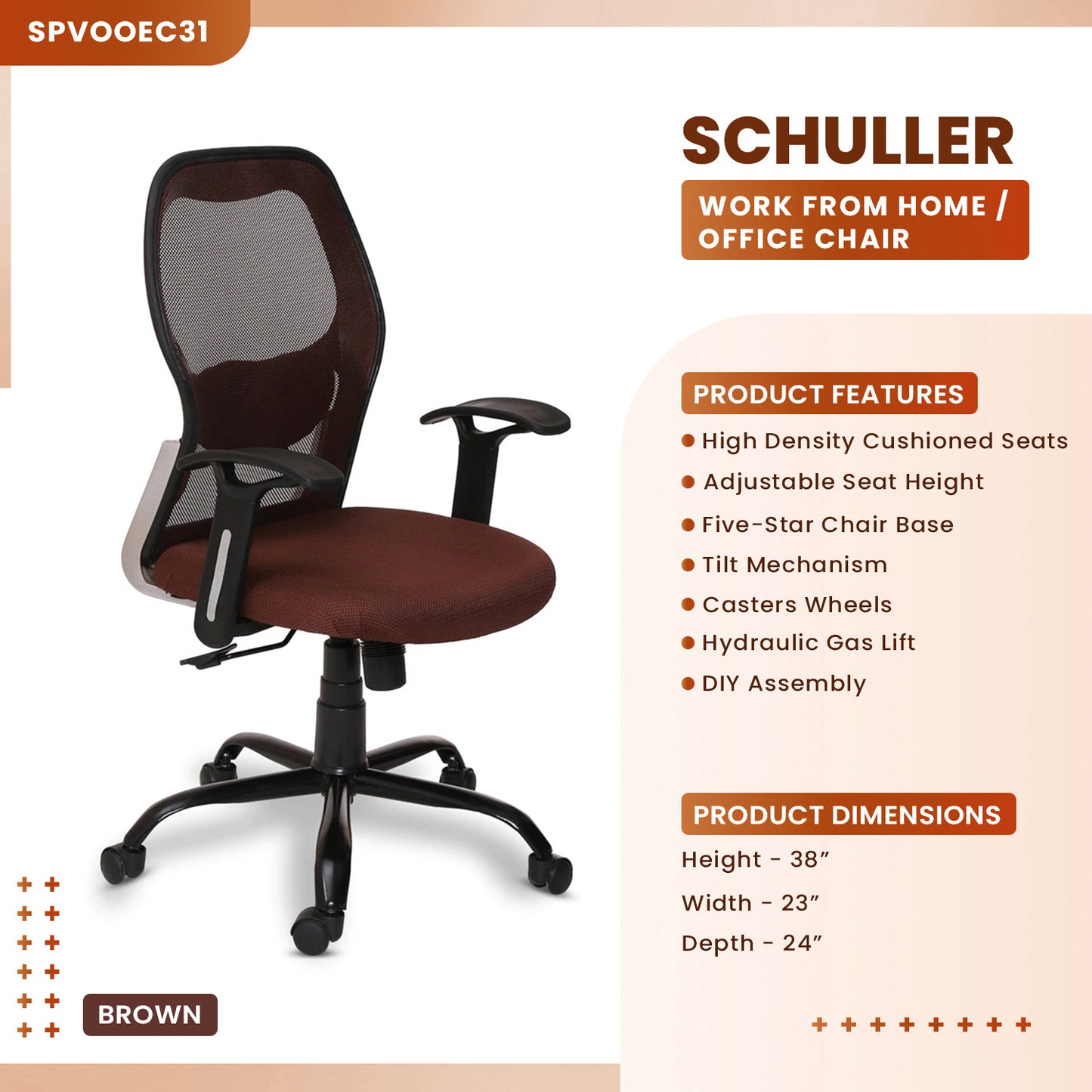 Schuller - Medium Back Ergonomic Chair for Work from Home & Office - Brown