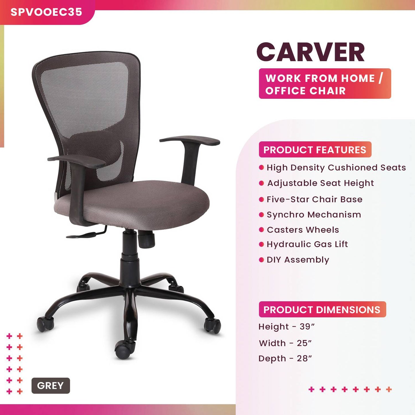 Carver Medium Back Ergonomic Chair For Work From Home & Office - Grey