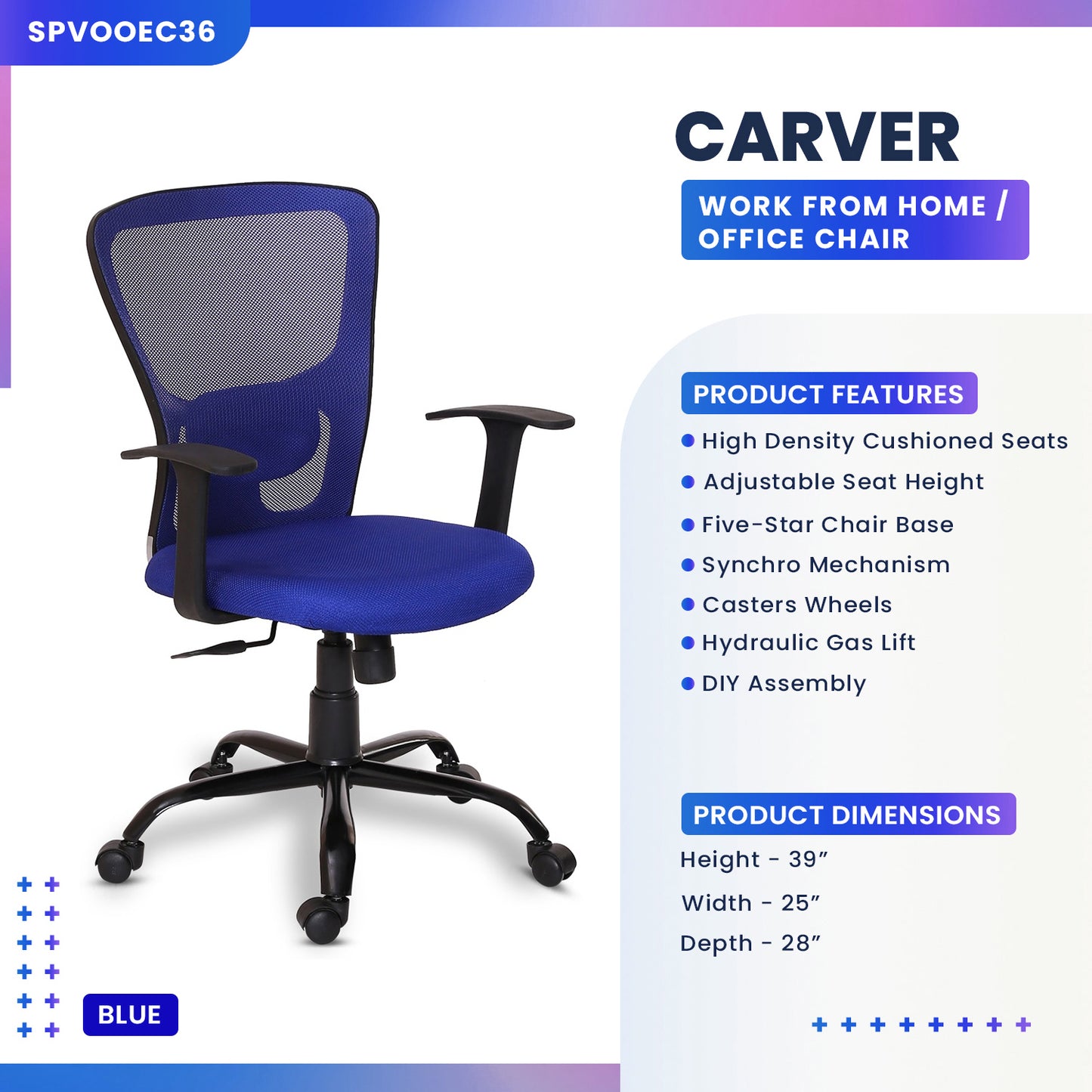 Carver - Medium Back Ergonomic Chair for Work from Home & Office - Blue