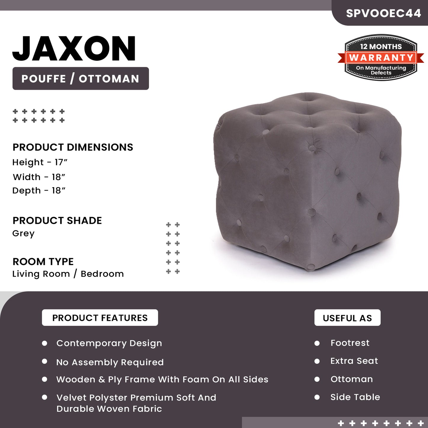 Jaxon - Square Pouffe/Ottoman - Grey