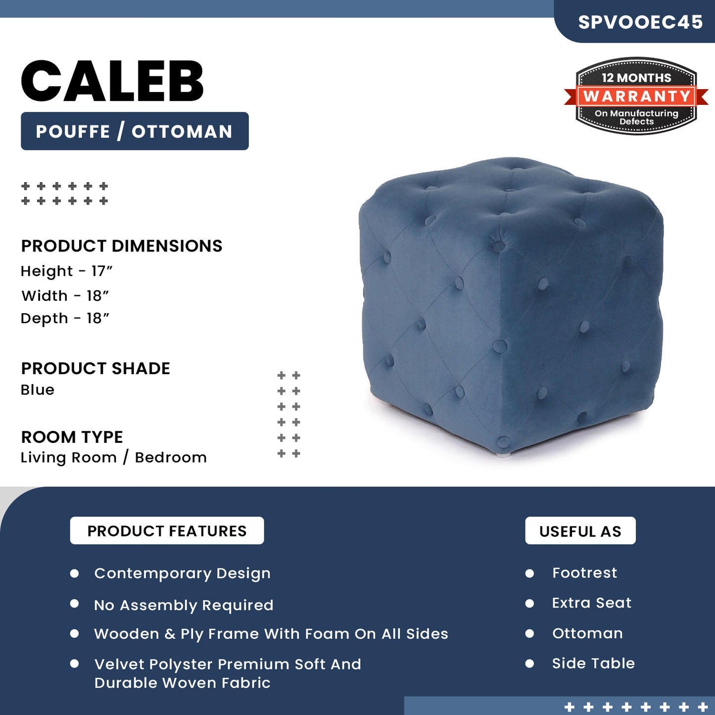 Caleb - Square Pouffe/Ottoman - Blue