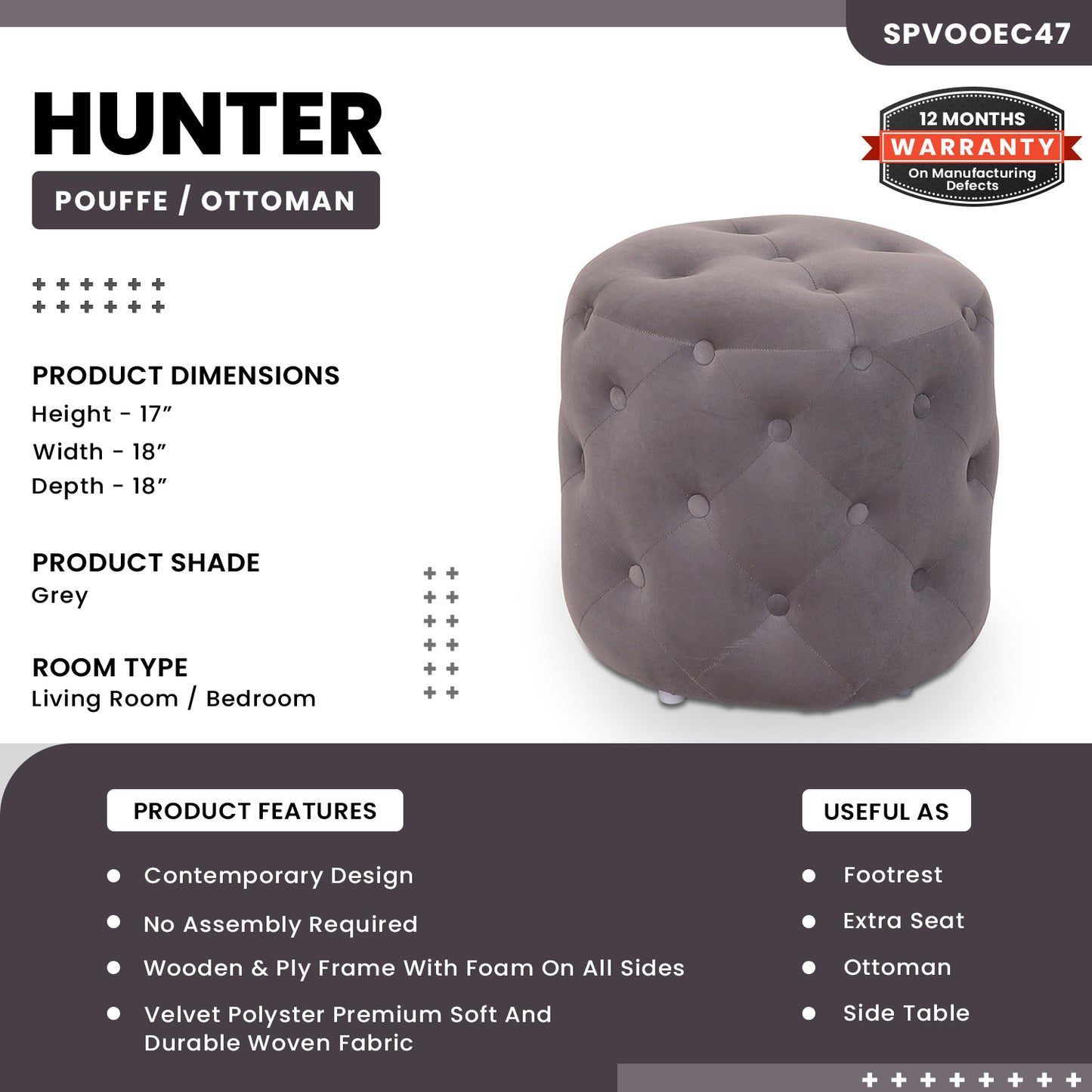 Hunter - Round Pouffe/Ottoman - Grey