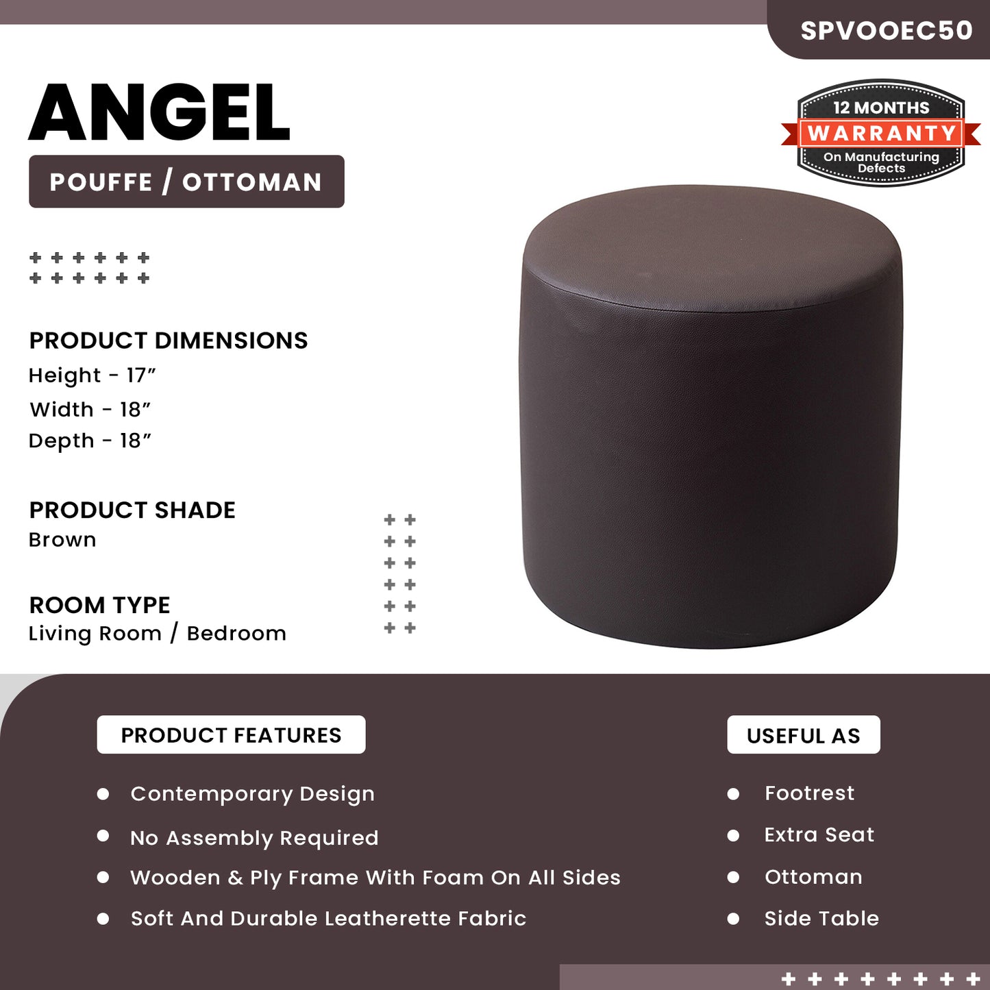 Angel - Round Pouffe/Ottoman Leatherette - Brown