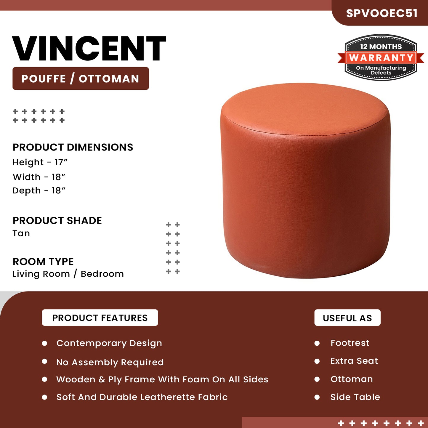 Vincent - Round Pouffe/Ottoman Leatherette - Tan