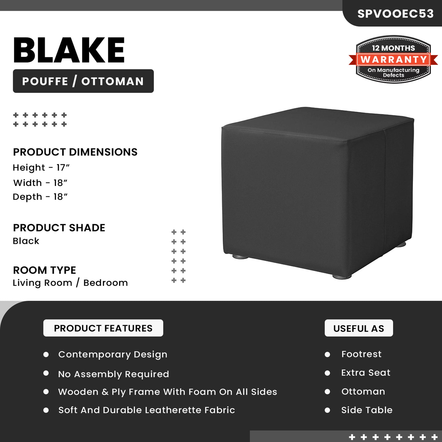 Blake - Square Pouffe/Ottoman - Black