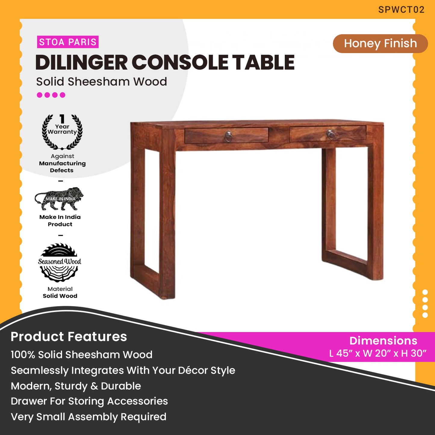 Dalinger - Solid Wood Console Table With Two Drawers - Honey