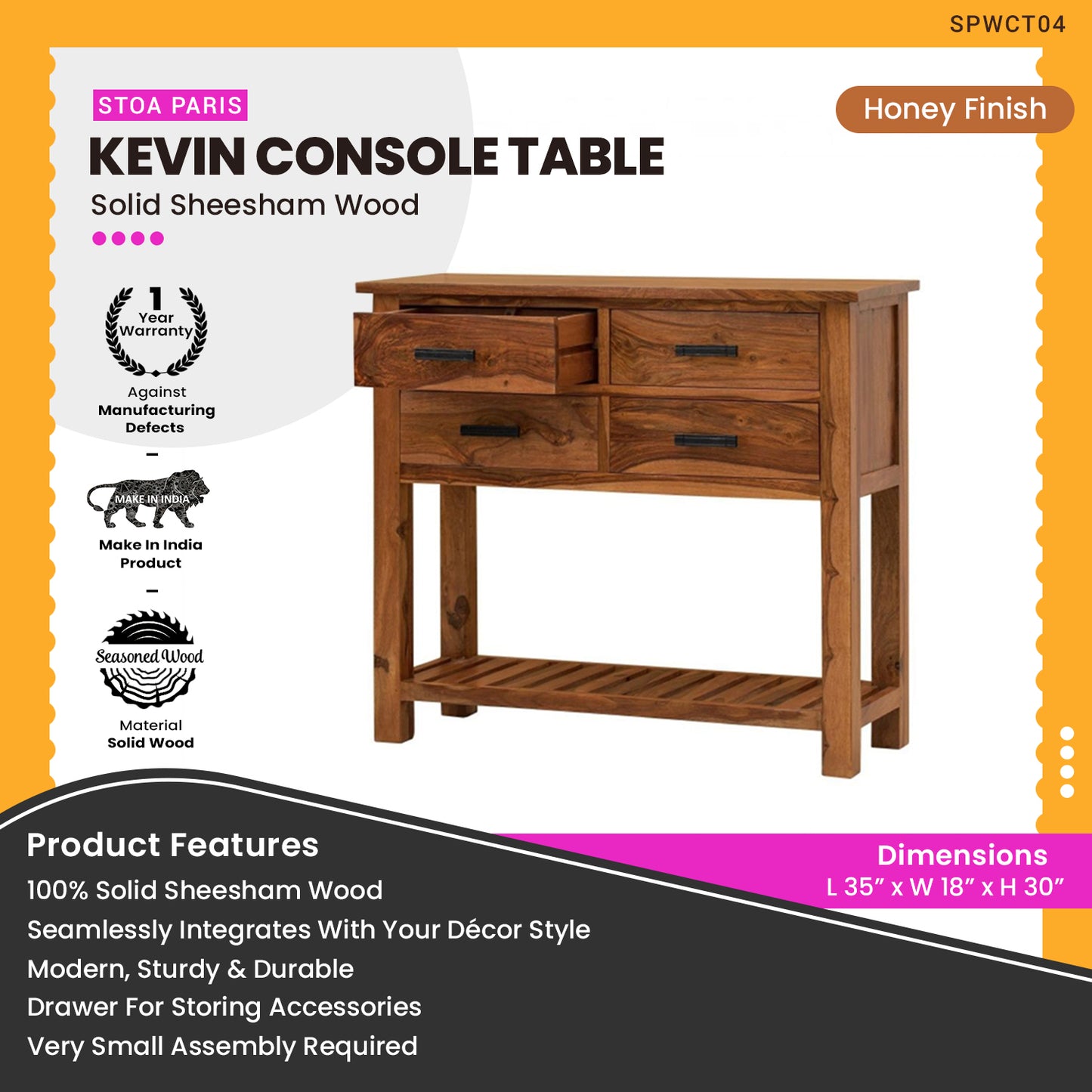 Kevin - Sheesham Wood Console Table With Drawers - Honey