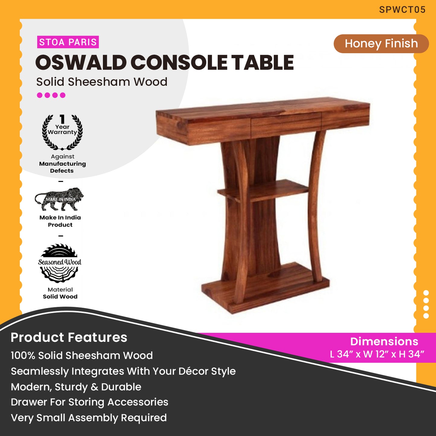 Oswald - Wooden Console Table - Honey Polish Shade