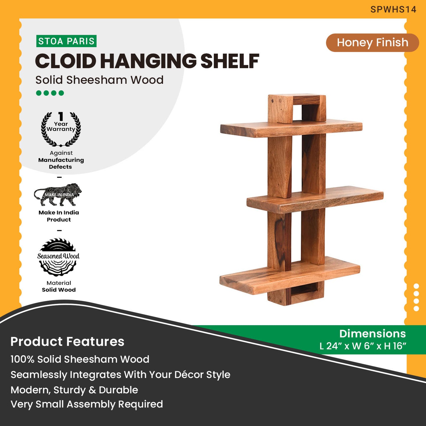 Cloid - Wooden Hanging Shelves In Honey Polish Finish