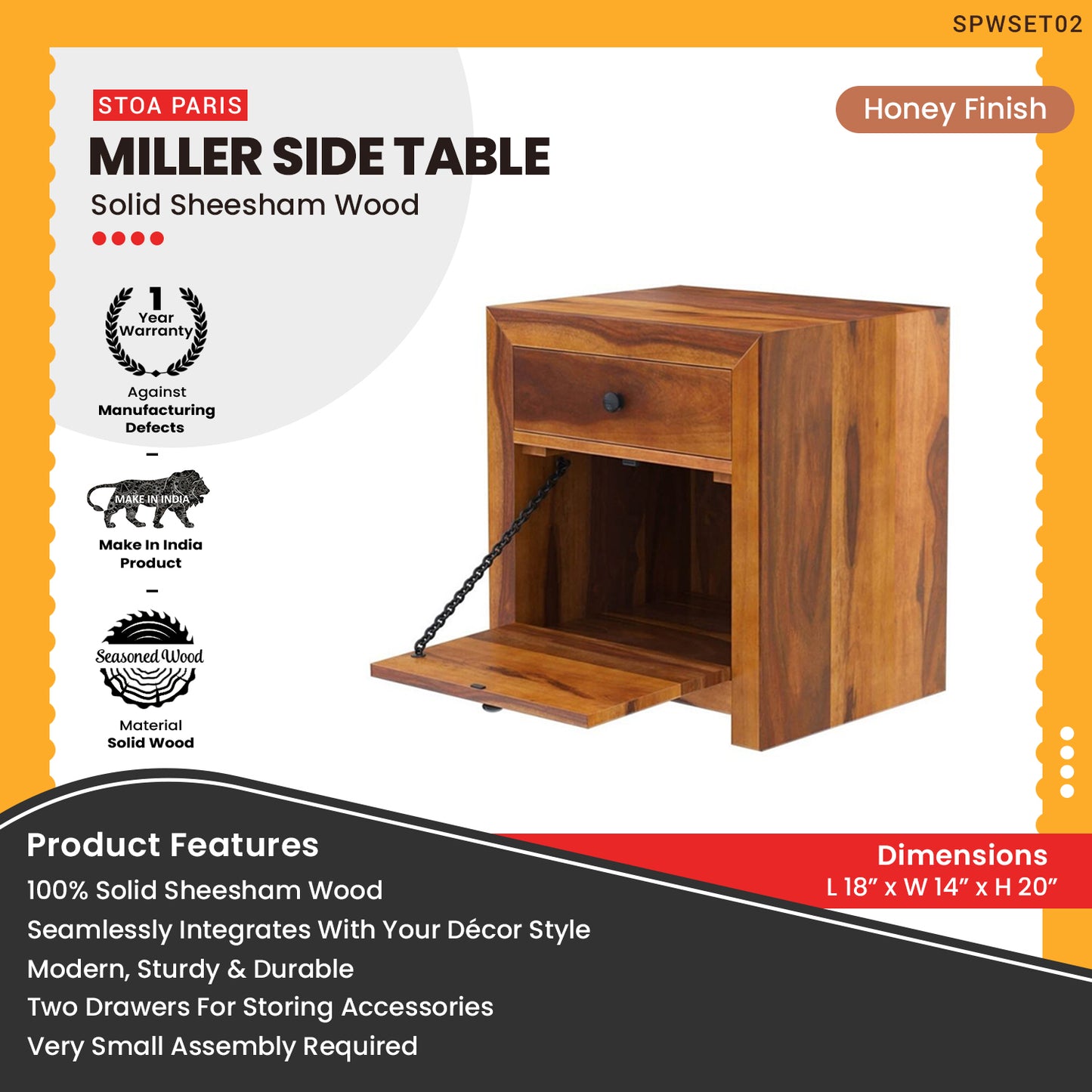 Miller - Solid Sheesham Wood Side Table With Drawer & Bottom Storage Compartment