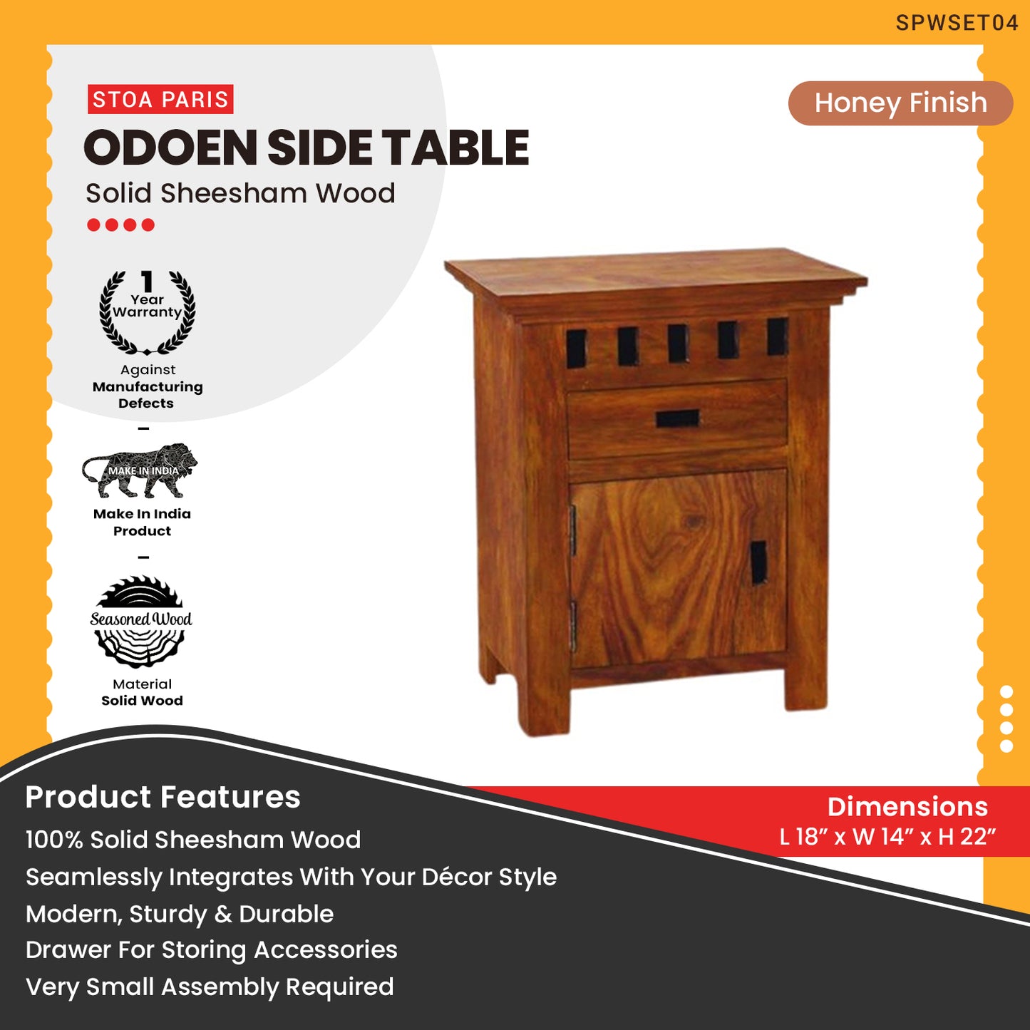 Odoen - Solid Sheesham Wood Side Table With Drawer & Bottom Storage Space