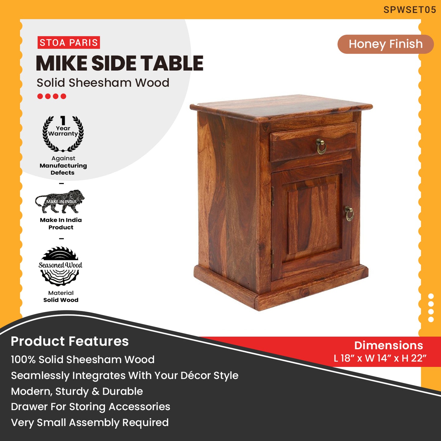 Mike - Solid Sheesham Wood Side Table With Drawer & Storage - Teak Finish