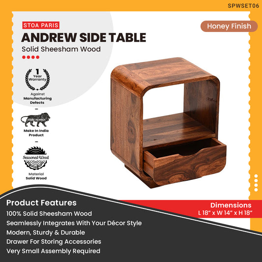 Andrew - Solid Sheesham Wooden Side Table - Teak Polish