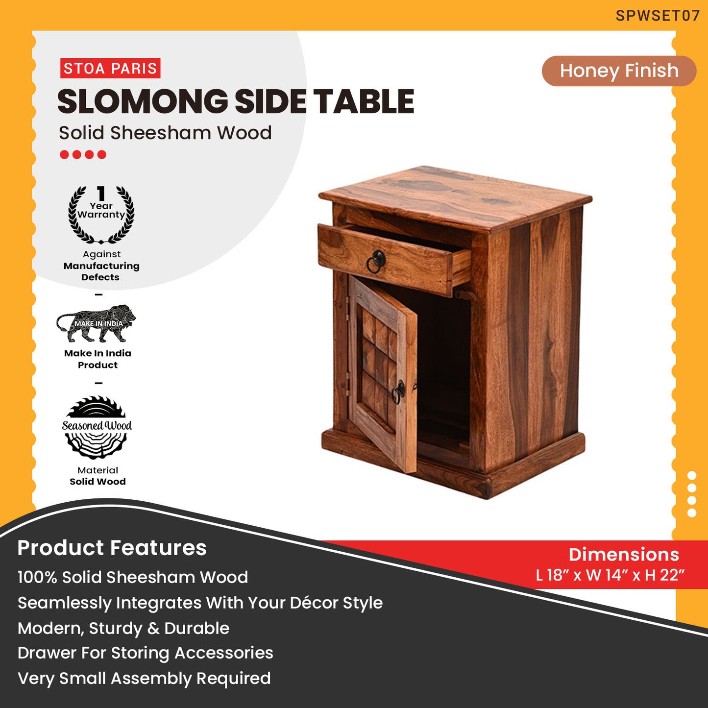 Slomong - Solid Sheesham Wood Side Table With Drawer & Bottom Storage Space