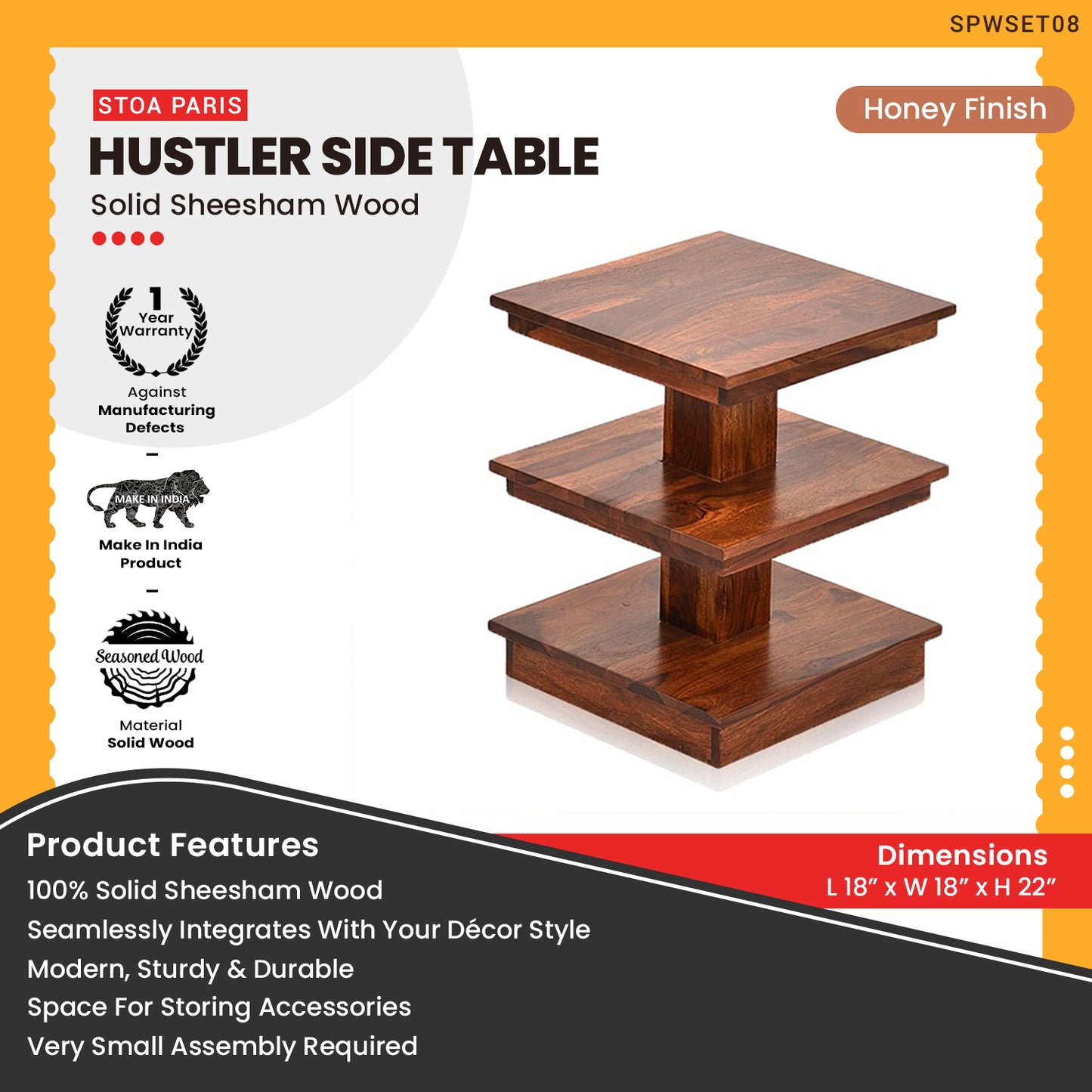 Hustler - Solid Sheesham Wood Side Table With 3 Shelves