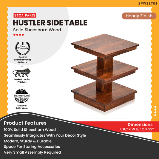 Hustler - Solid Sheesham Wood Side Table With 3 Shelves