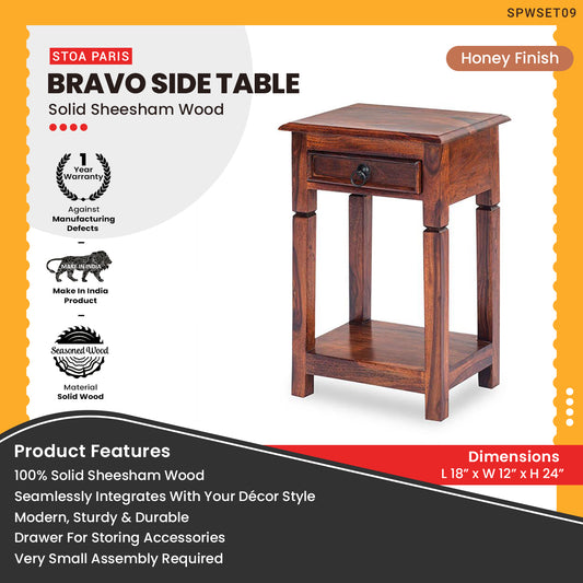 Bravo - Solid Sheesham Wood Side Table With Drawer - Teak