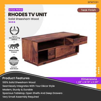 Rhodes - Solid Sheesham Wooden Tv Unit - Light Teak Finish