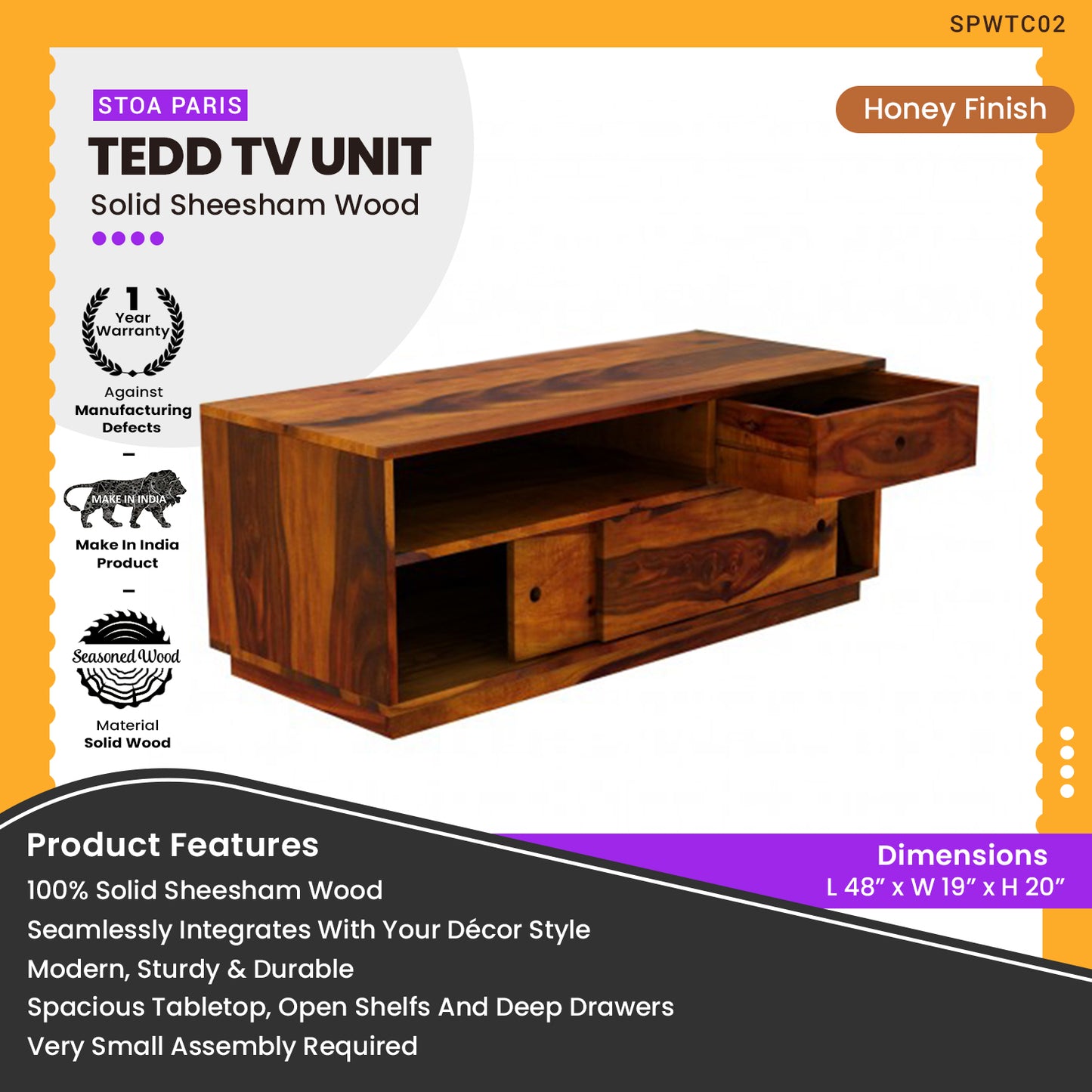 Tedd - Solid Sheesham Wooden Tv Unit - Honey Teak Polish Finish