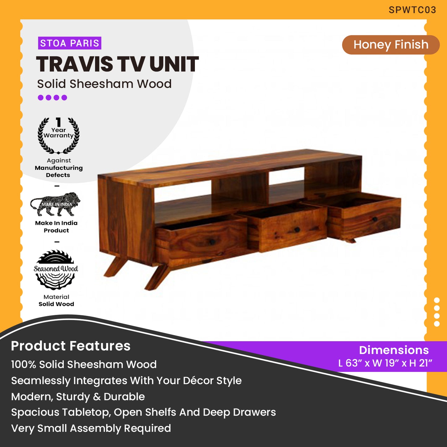 Travis - Solid Sheesham Wooden TV Unit - Honey