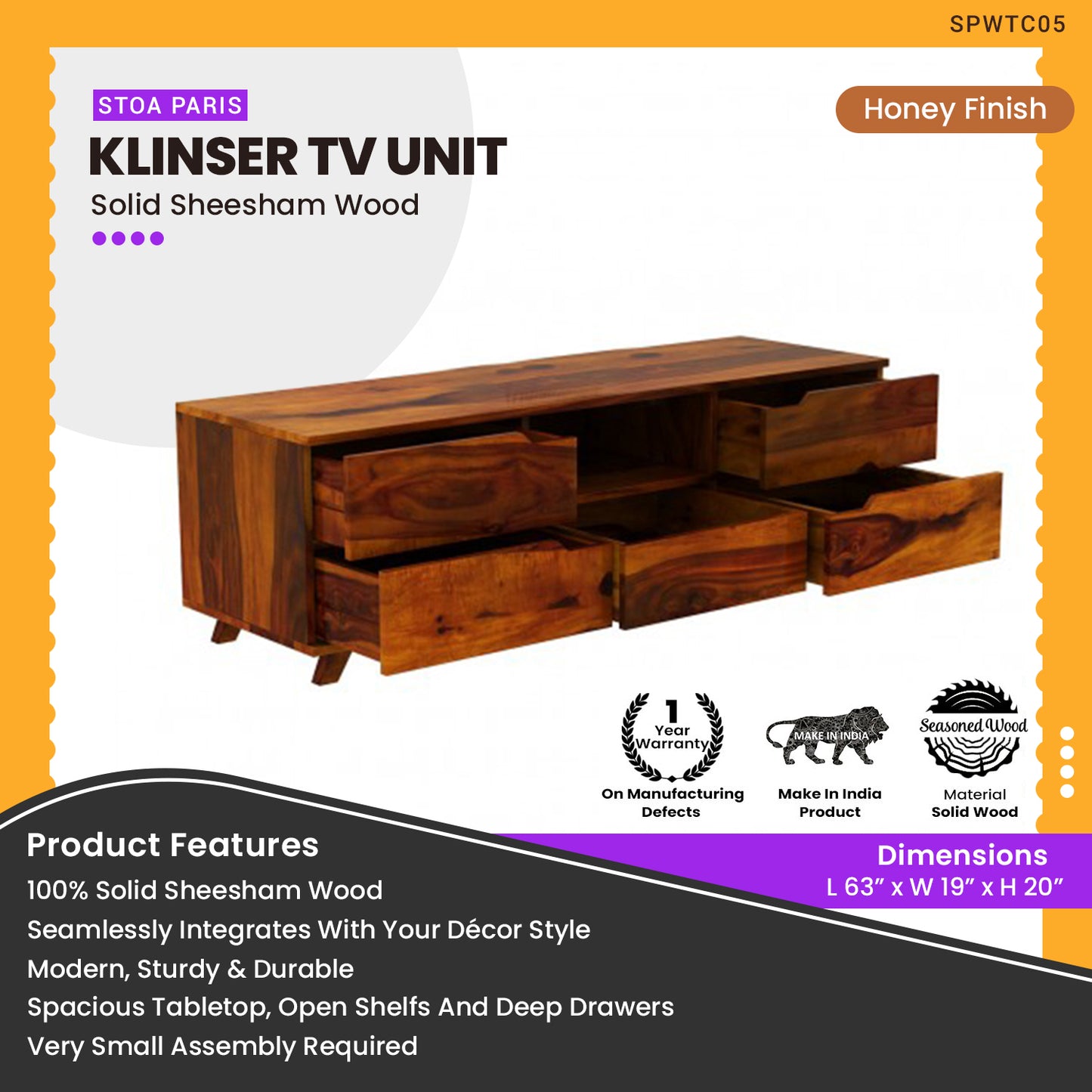 Klinser - Solid Sheesham Wooden TV Unit - Honey Polish Finish