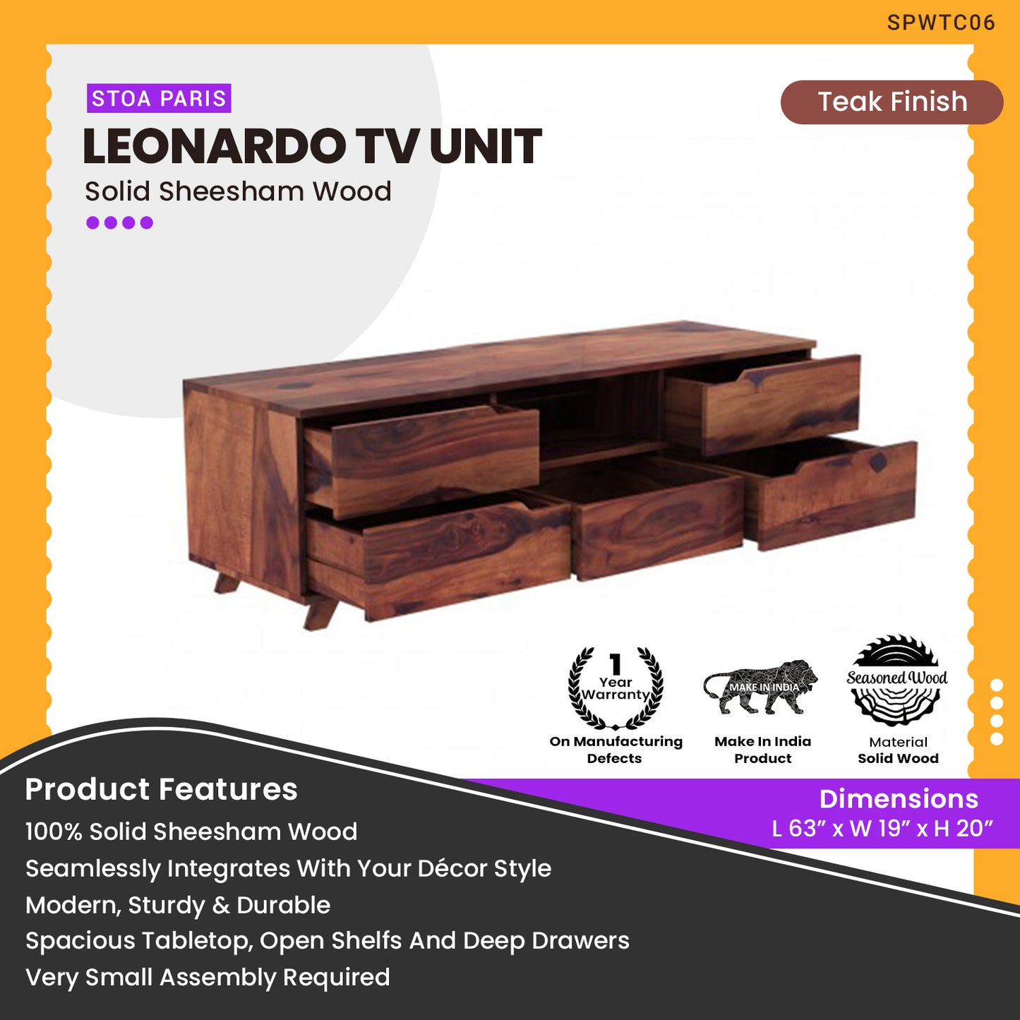 Leonardo - Solid Sheesham Wooden TV Unit - Teak Finish