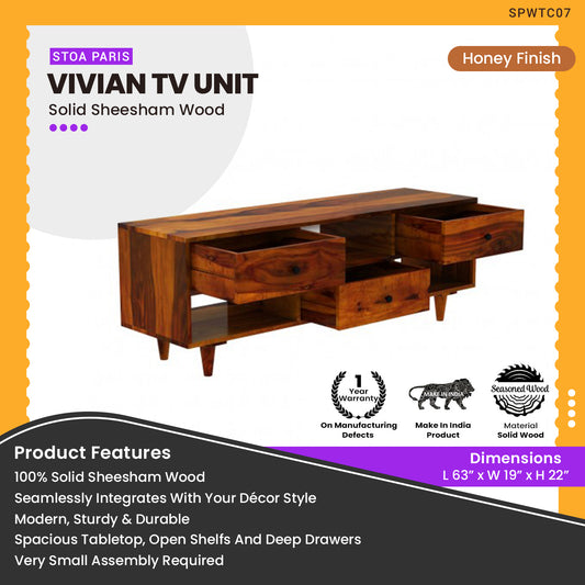 Vivian - Solid Sheesham Wooden TV Unit - Honey Teak Finish