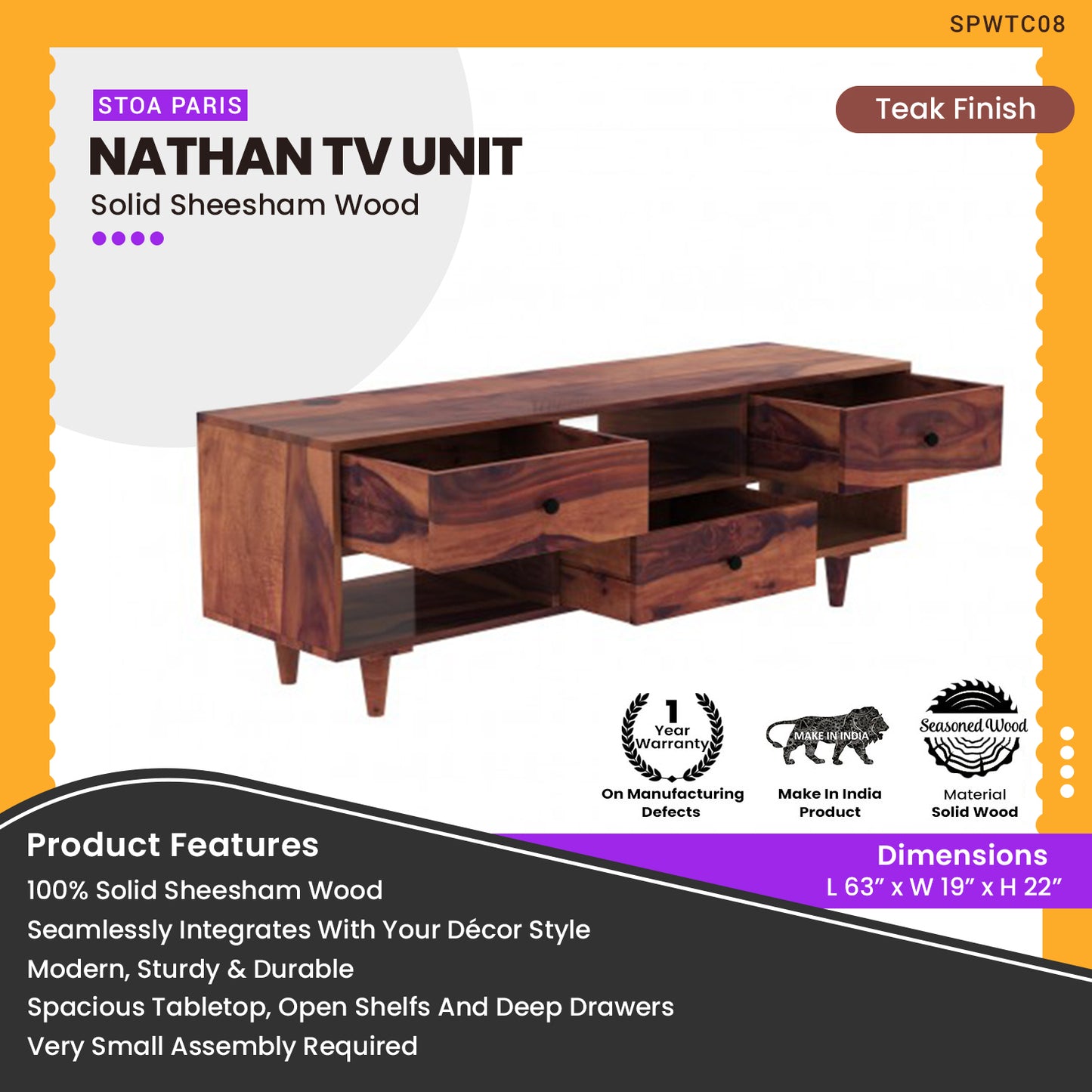 Nathan - Solid Sheesham Wooden TV Unit - Teak Finish