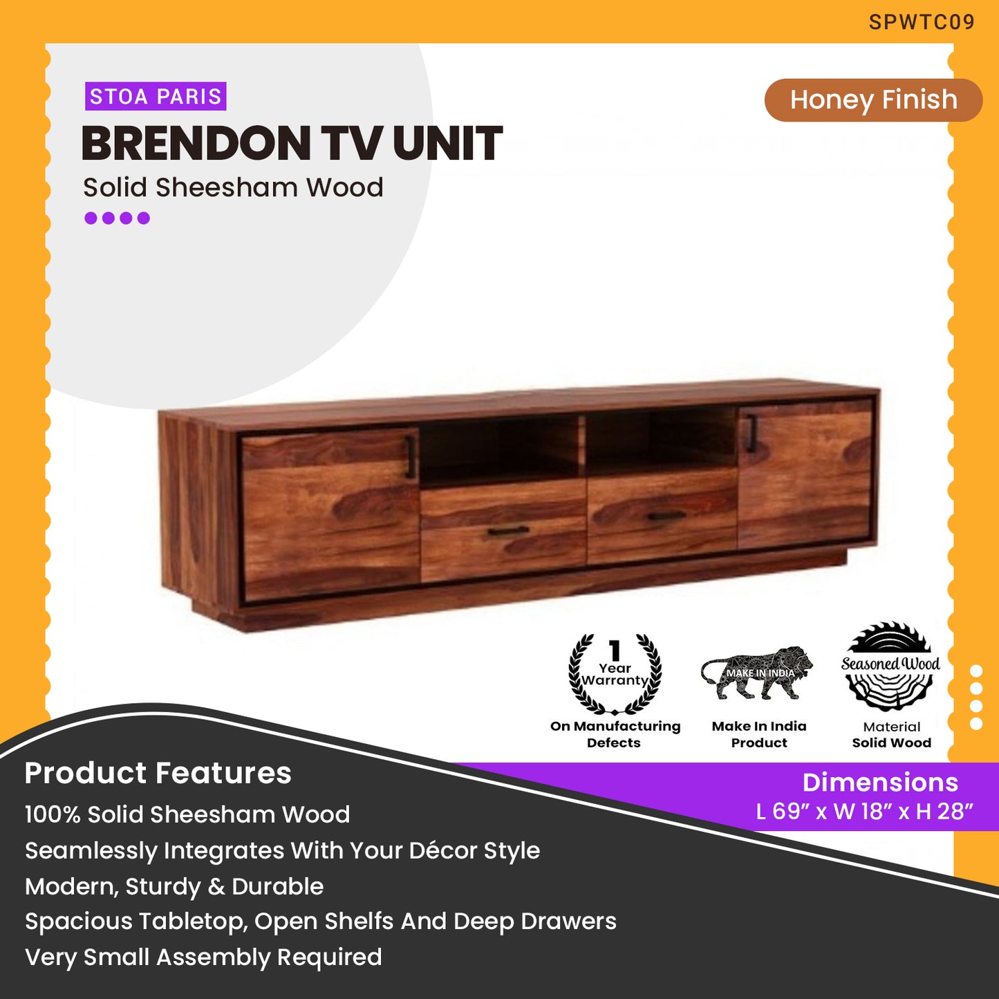 Brendon - Sheesham Wood TV Unit With Drawers - Honey