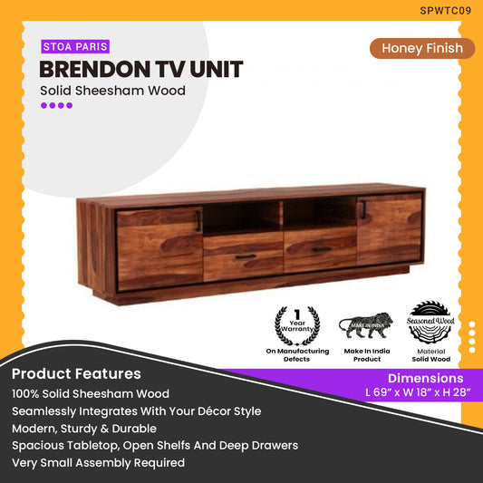 Brendon - Sheesham Wood TV Unit With Drawers - Honey