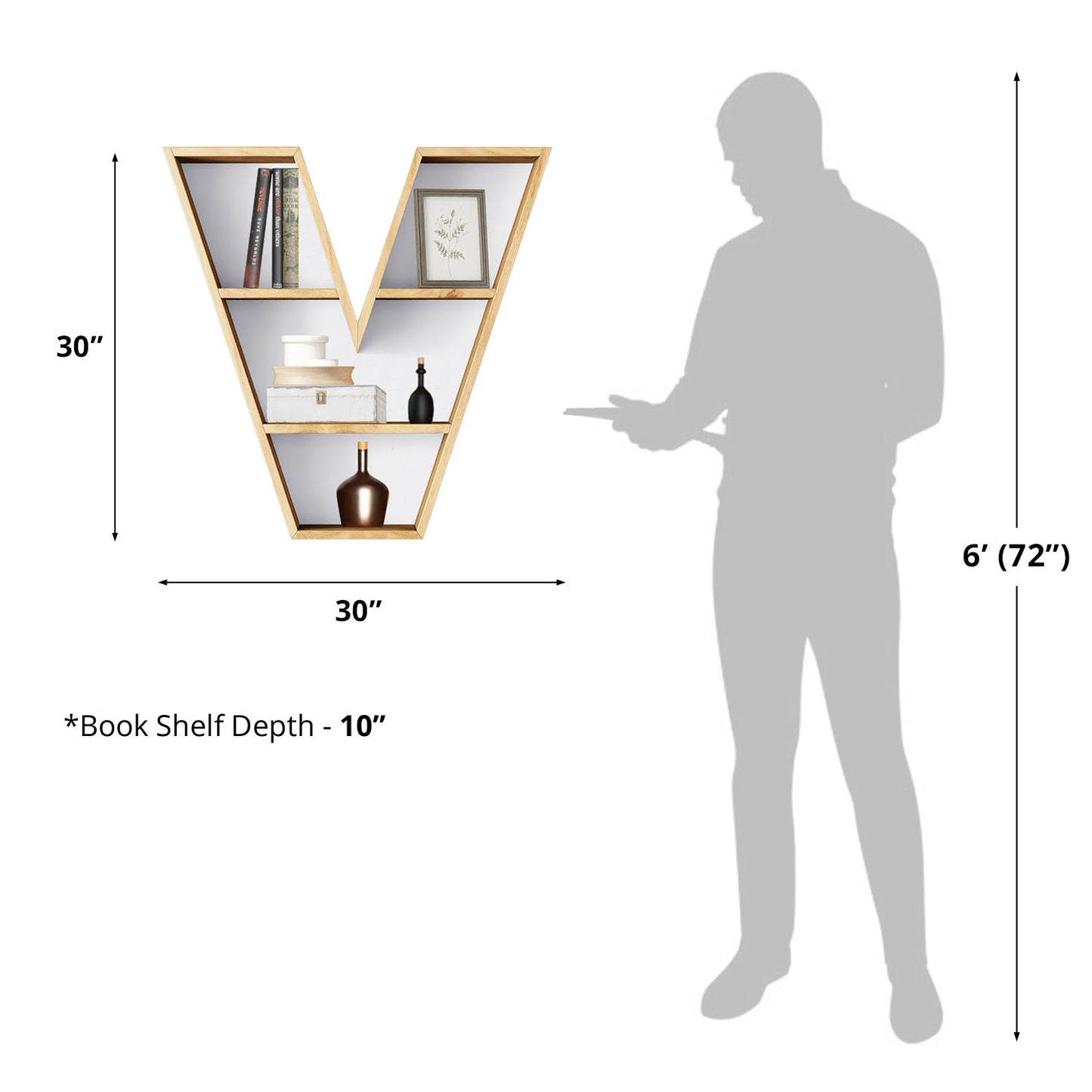 Bookshelf Alphabet "V" In Mango Wood Natural Polish Shade For  Books & Decor