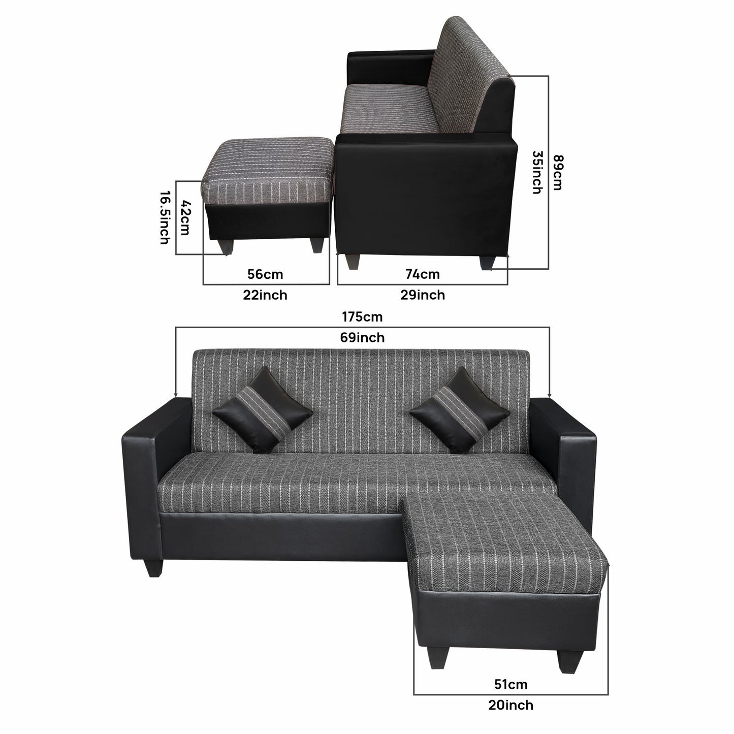 Cornelia Fabric 4 Seater (3 Seater + Ottoman) Sofa - Grey & Black